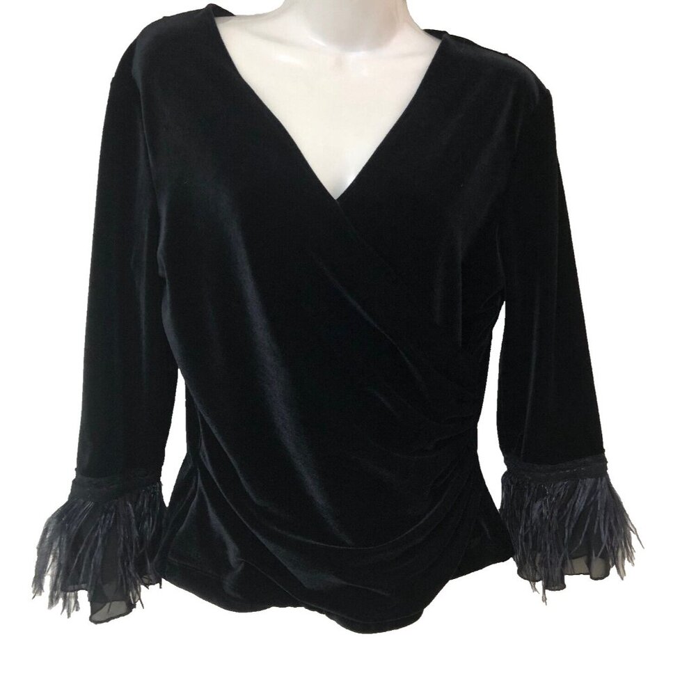 Jackie Jon New York Womens Blck Velvet Top M Faux Wrap Feathers Whimsigoth Fairy